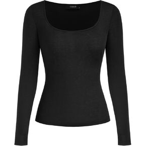 CIDER Square Neck Tops for Women Solid Long Sleeve Basic Tee Shirt Top