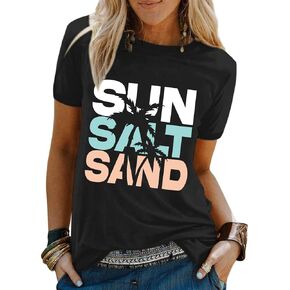 Beach Sun Salt Sand Tshirt for Women Coconut Tree Letter Graphic Tees Summer Vacation Shirts Loose Fit Casual Tops