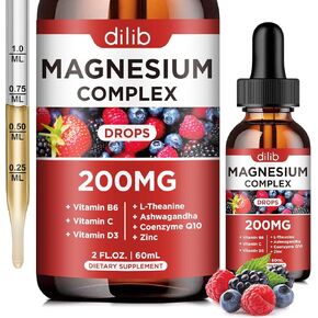 Magnesium Glycinate 200mg Supplement, Magnesium Liquid Drops with Vitamin B6, Ashwagandha, L - Theanine, Chamomile -Support Stress Relief, Bone, Muscle, Mood Vegan - Raspberry