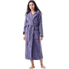 DAVID ARCHY Hooded Plush Fluffy Robe Winter Warm Long Fleece Knee Length Robe for Women