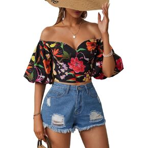 SOLY HUX Women's Floral Print Blouse Off Shoulder Bishop Half Sleeve Wrap Crop Tops