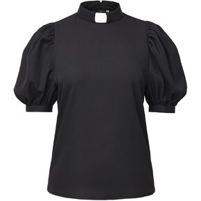 Womens Church Clergy Shirt Tab Collar Short Puff Sleeves Blouse Top