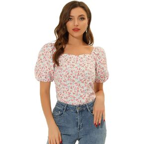 Allegra K Women's Puff Sleeve Blouse Square Neck Peasant Floral Top