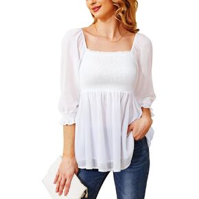 Holipick Chiffon Smocked Top for Women Babydoll Shirt 3/4 Puff Sleeve Blouses Peplum Casual Flare Top Summer Spring
