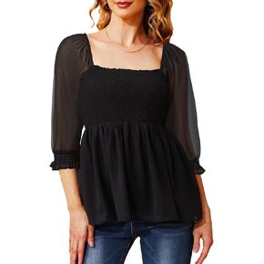 Holipick Chiffon Smocked Top for Women Babydoll Shirt 3/4 Puff Sleeve Blouses Peplum Casual Flare Top Summer Spring in Kuwait
