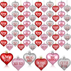 60 Pcs Valentine's Day Heart Ornaments Valentine Decoration Red Pink Silver Glitter Heart Shaped Baubles Hanging Ornaments for Valentine Tree Romantic Wedding Anniversary Party, 6 Styles