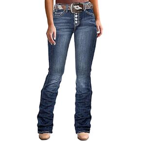 Flamingals Bootcut Jeans for Women Mid Rise Stretchy Skinny Jeans Trendy Wash Button Fly Vintage Denim Jeans Without Belt