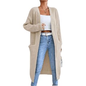 Verdusa Women's Open Front Long Cardigan Sweaters Long Sleeve Knit Outwear with Pockets