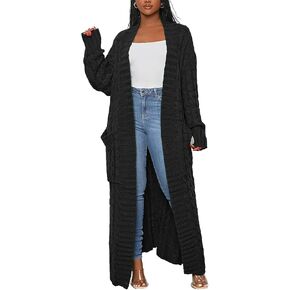 Women's Cable Knit Maxi Cardigan Long Cardigan Sweater Open Front Chunky Knitwear Coat with Pockets Black
