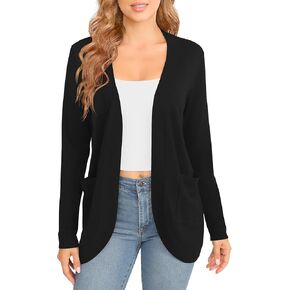 Women's Lightweight Long Sleeve Cardigan Curved Hem Knit Sweater with Pockets
