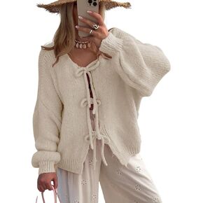 Women's Fall Cute Tie Knot Cardigan Sweater Oversized Crewneck Chunky Knitted Coatigan Coat Tops