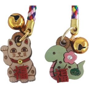 Japanese Lucky Charm Keychain Set Maneki Neko & Snake with Fortune Symbol Made From Hinoki Wood New Year Gift 2025