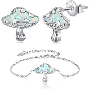 Mushroom Earrings and Mushroom Bracelet 925 Sterling Silver Opal Mushroom Set Jewelry Gifts for Women Birthday