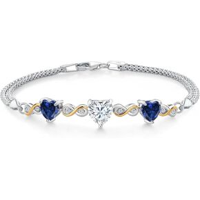 925 Sterling Silver and 10k Yellow Gold Customized and Personalized Heart 7MM and 6MM Gemstone Birthstone and White Lab Grown Diamond Bracelet For Women with 6.5, 7, and 7.5 Inch Length, Made In Italy