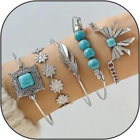 GIGB PBDK Boho Layered Turquoise Bracelet for Women Vintage Flower Leaf Butterfly Stackable Bracelets Western Silver Chain Statement Bracelets Trendy Jewelry Gift