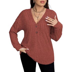 Womens Plus Size Knit Sweater Casual Loose Long Sleeve Tops Solid Lightweight V Neck Button Pullover Sweaters