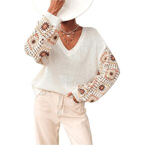 MakeMeChic Women's Plus Size Floral Crochet Sweater Long Sleeve V Neck Drop Shoulder Knit Top