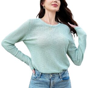 Women's Casual Long Sleeve Waffle Knit Pullover, Waist Crew Neck Top, Lightweight Sweater for Spring & Autumn