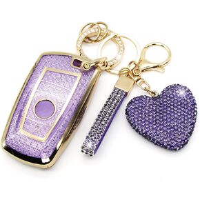 Key Fob Cover with Diamond Keychain, Car Key Shell for Women, Compatible with BMW X1 X3 X4 X5 X6 1 2 4 5 6 7 M3 M5 M6 GT3 GT5 G30 F10 F15 F16 F20 Protector (3 Buttons-Pink Heart)