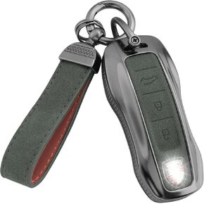 YO&YOYE Compatible with Porsche Key Fob Cover with Keychain Leather Key Case Protector Fit for Porsche Cayenne 911 Taycan Panamera, Black