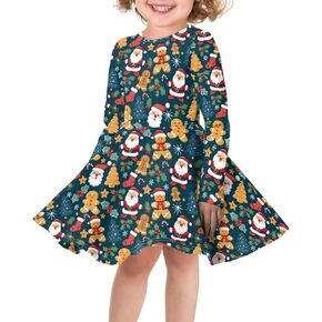 Girls Dresses Ruffle Long-Sleeve Swing Crew Neck Midi Dress