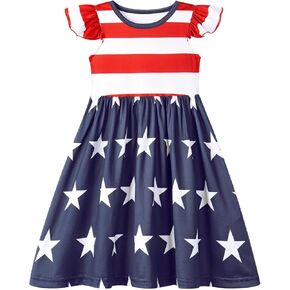 Eledobby 4th of July Girls Dress Independence Day Dresses American Flag Striped Flutter Sleeve Sundress Patriotic Outfits