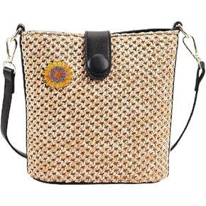 Boho Women's Handmade Straw Crossbody Bag with Leather Straps for Beach Vacation Hand Woven Rattan Shoulder Bag Clutch Purse