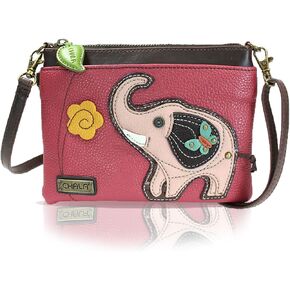 CHALA Mini Crossbody Handbag, Multi Zipper, Pu Leather, Small Shoulder Purse Adjustable Strap - Elephant - Dark Pink