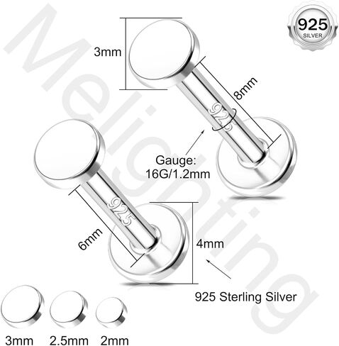 Melighting 16G هيليكس القرط الاسترليني الشظية 925 الغضروف القرط داخليا الخيوط الزنمة القرط شقة الظهر القرط 6/8 ملم اللولب ثقب in Kuwait