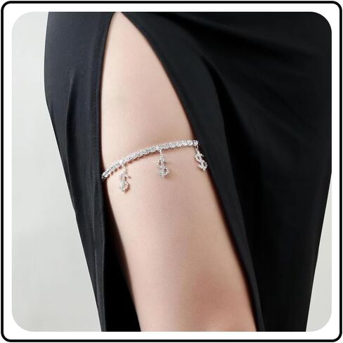 Crystal Heart Tennis Thigh Chain Rhinestone Tennis Chain Thigh Ring Glitter Diamond Heart Leg Chain Black Stretch Thigh Garter Belt Beach Bikini Body Chain Jewelry for Women in Kuwait