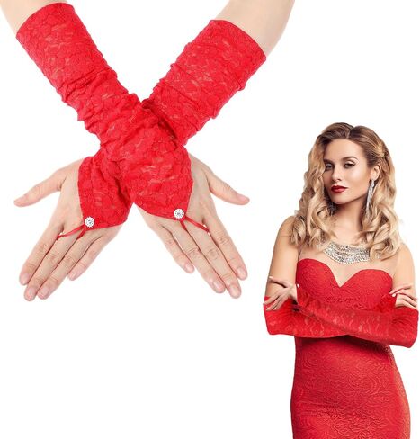 Long Lace Gloves Red Fingerless Lace Gloves for Women Bridal Gloves for Wedding Ladies Lace Fingerless Gloves Long 1920s Costumes Opera Party Masquerade, Elbow Length 15.7inch in Saudi Arabia