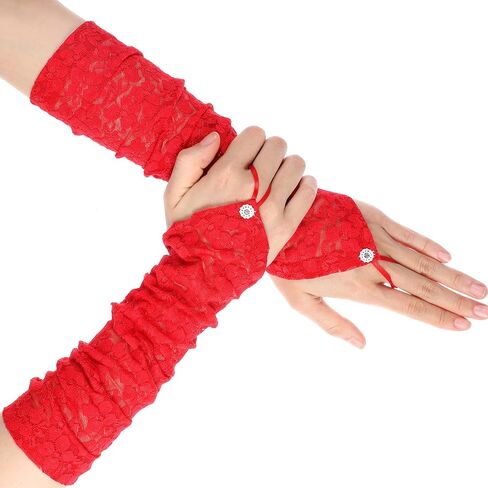 Long Lace Gloves Red Fingerless Lace Gloves for Women Bridal Gloves for Wedding Ladies Lace Fingerless Gloves Long 1920s Costumes Opera Party Masquerade, Elbow Length 15.7inch in Saudi Arabia