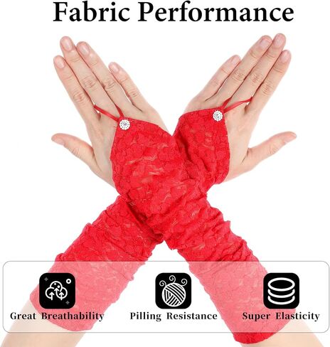 Long Lace Gloves Red Fingerless Lace Gloves for Women Bridal Gloves for Wedding Ladies Lace Fingerless Gloves Long 1920s Costumes Opera Party Masquerade, Elbow Length 15.7inch in Saudi Arabia