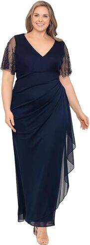 Xscape Women's Plus Sheer Matte Jersey Maxi Dress with Beaded Sleeves and Side Ruching in Saudi Arabia