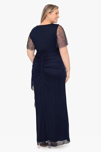 Xscape Women's Plus Sheer Matte Jersey Maxi Dress with Beaded Sleeves and Side Ruching in Saudi Arabia