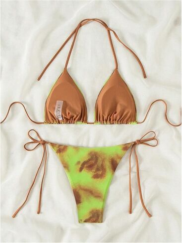 MakeMeChic Women's Tie Dye 2 Piece Triangle Halter Bikini Sets Tie Side Bathing Suit with Thongs in Saudi Arabia