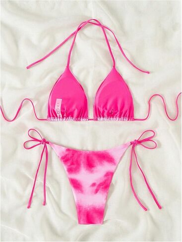 MakeMeChic Women's Tie Dye 2 Piece Triangle Halter Bikini Sets Tie Side Bathing Suit with Thongs in Saudi Arabia
