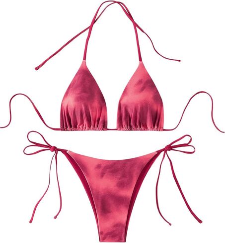 MakeMeChic Women's Tie Dye 2 Piece Triangle Halter Bikini Sets Tie Side Bathing Suit with Thongs in Saudi Arabia