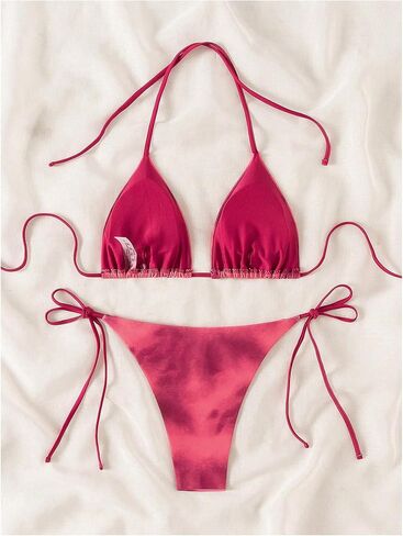MakeMeChic Women's Tie Dye 2 Piece Triangle Halter Bikini Sets Tie Side Bathing Suit with Thongs in Saudi Arabia