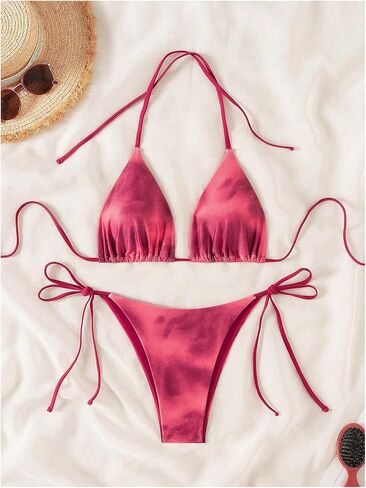 MakeMeChic Women's Tie Dye 2 Piece Triangle Halter Bikini Sets Tie Side Bathing Suit with Thongs in Saudi Arabia