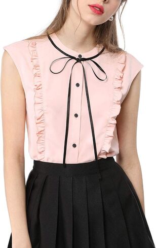 Allegra K Women's Cute Tie Neck 2023 Summer Ruffle Solid Color Sleeveless Button Down Shirt in Saudi Arabia