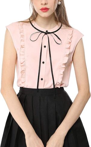Allegra K Women's Cute Tie Neck 2023 Summer Ruffle Solid Color Sleeveless Button Down Shirt in Saudi Arabia