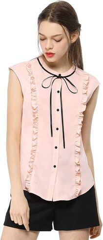 Allegra K Women's Cute Tie Neck 2023 Summer Ruffle Solid Color Sleeveless Button Down Shirt in Saudi Arabia
