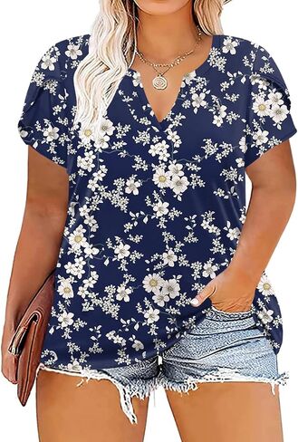 VISLILY Plus-Size-Tops for Women Casual Petal Sleeve T Shirts Summer V Neck Loose Comfy Tee in Saudi Arabia