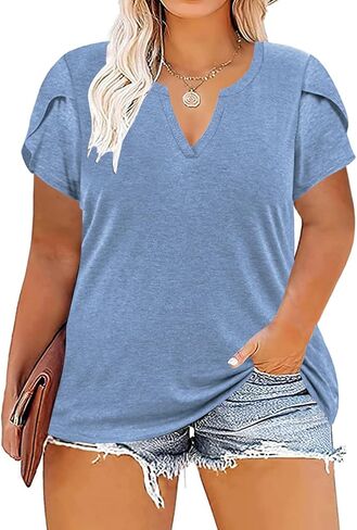 VISLILY Plus-Size-Tops for Women Casual Petal Sleeve T Shirts Summer V Neck Loose Comfy Tee in Kuwait