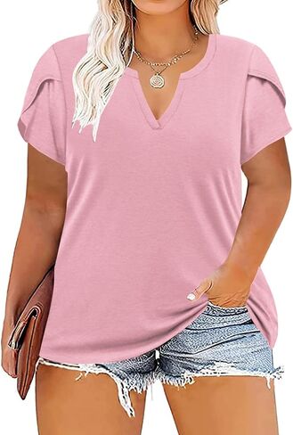 VISLILY Plus-Size-Tops for Women Casual Petal Sleeve T Shirts Summer V Neck Loose Comfy Tee in Saudi Arabia
