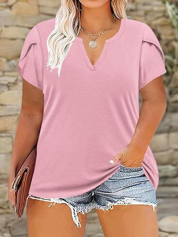 VISLILY Plus-Size-Tops for Women Casual Petal Sleeve T Shirts Summer V Neck Loose Comfy Tee in Saudi Arabia