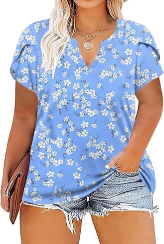 VISLILY Plus-Size-Tops for Women Casual Petal Sleeve T Shirts Summer V Neck Loose Comfy Tee in Saudi Arabia