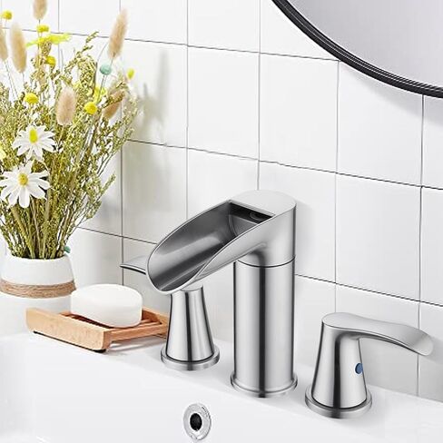 JONKEAN Brushed Nickel 8 Inch Widespread Bathroom Faucet, 2 Handle Waterfall Faucet for Bathroom Sink, Bathroom Faucets for Sink 3 Hole, 360° Swivel Vanity Faucet with Pop-up Drain in Saudi Arabia