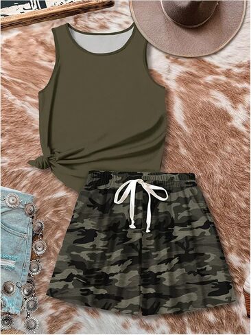 Milumia Women's 2 Piece Outfits Round Neck Tank Top and Camo Print Shorts Set in Saudi Arabia